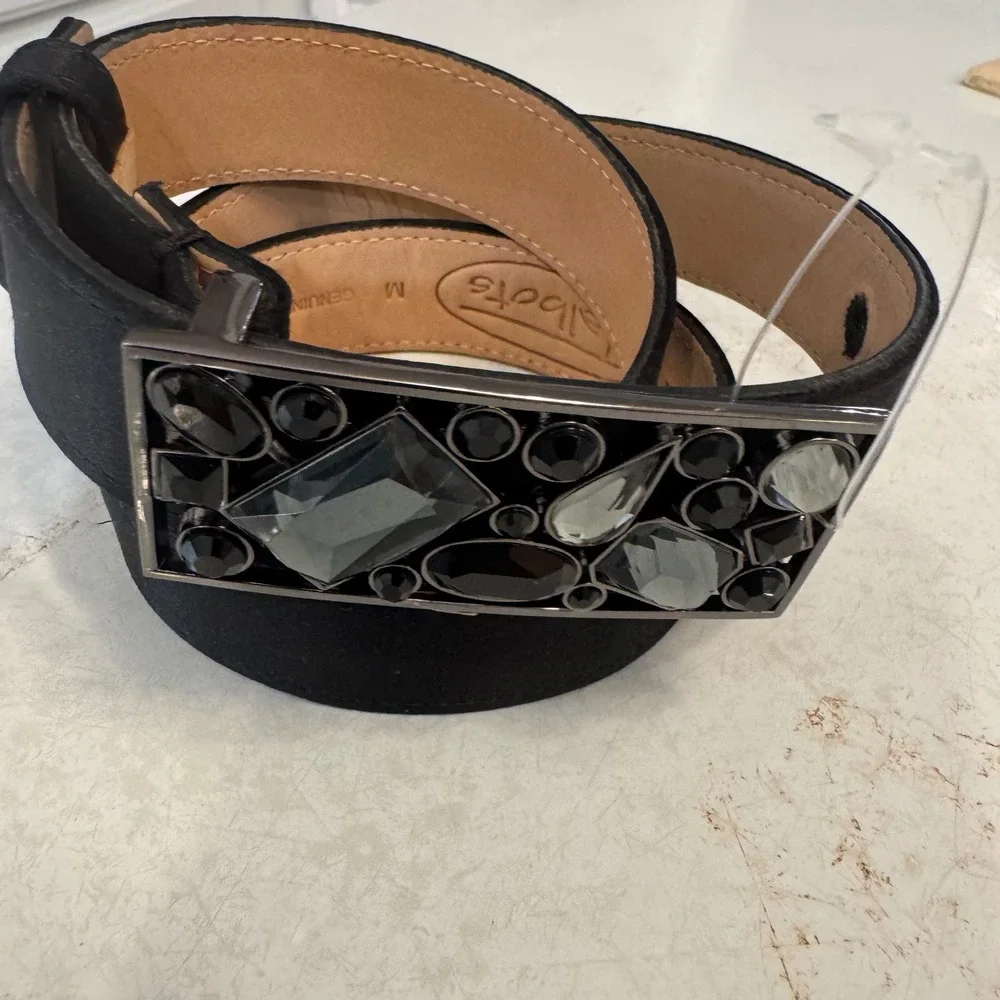Talbots Jeweled Buckle Belt Womens Medium Black Satin Crystal Statement Evening
